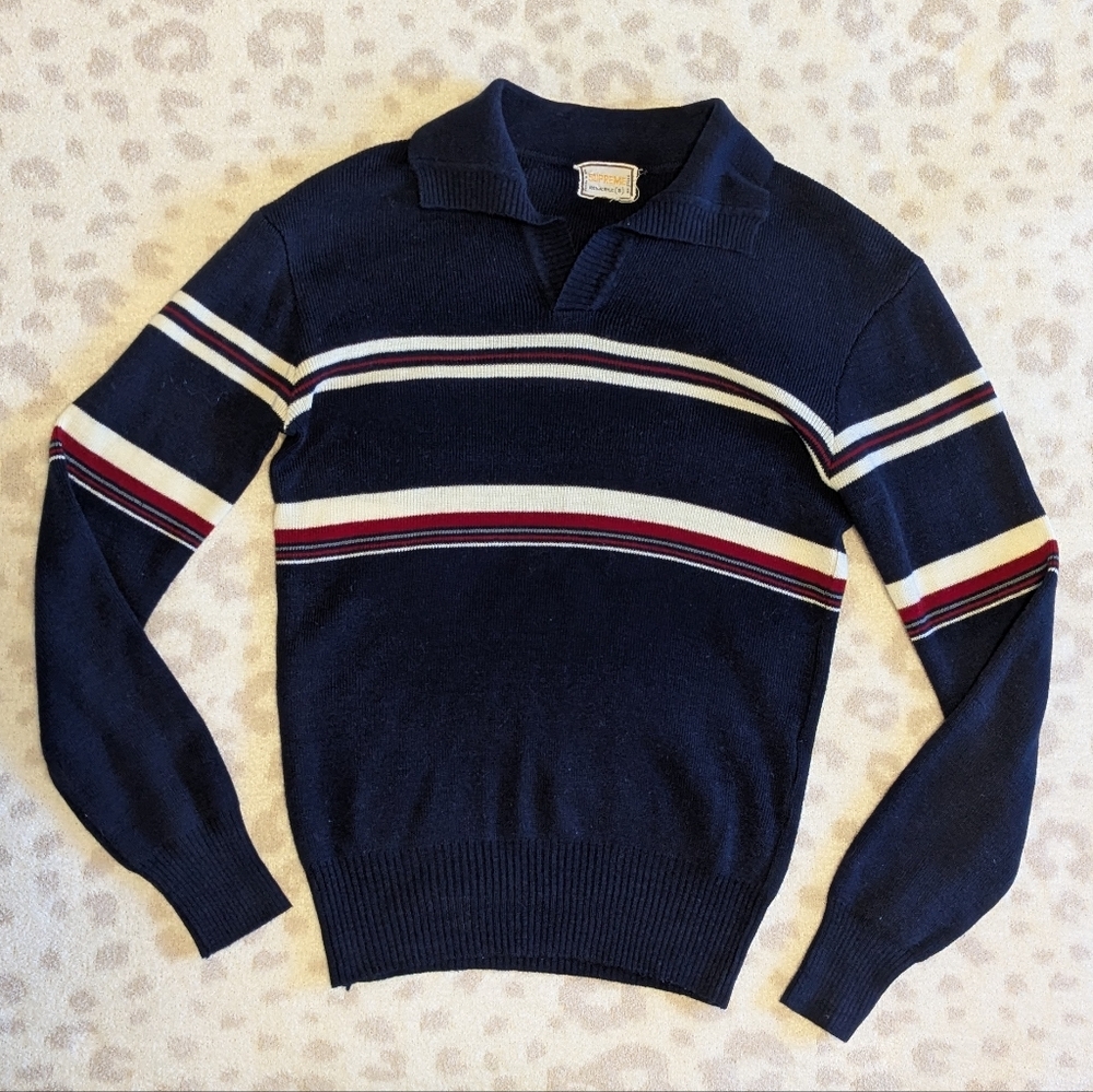 Vintage Supreme Striped Polo Collar Sweater Navy Red White Sporty Cool Small